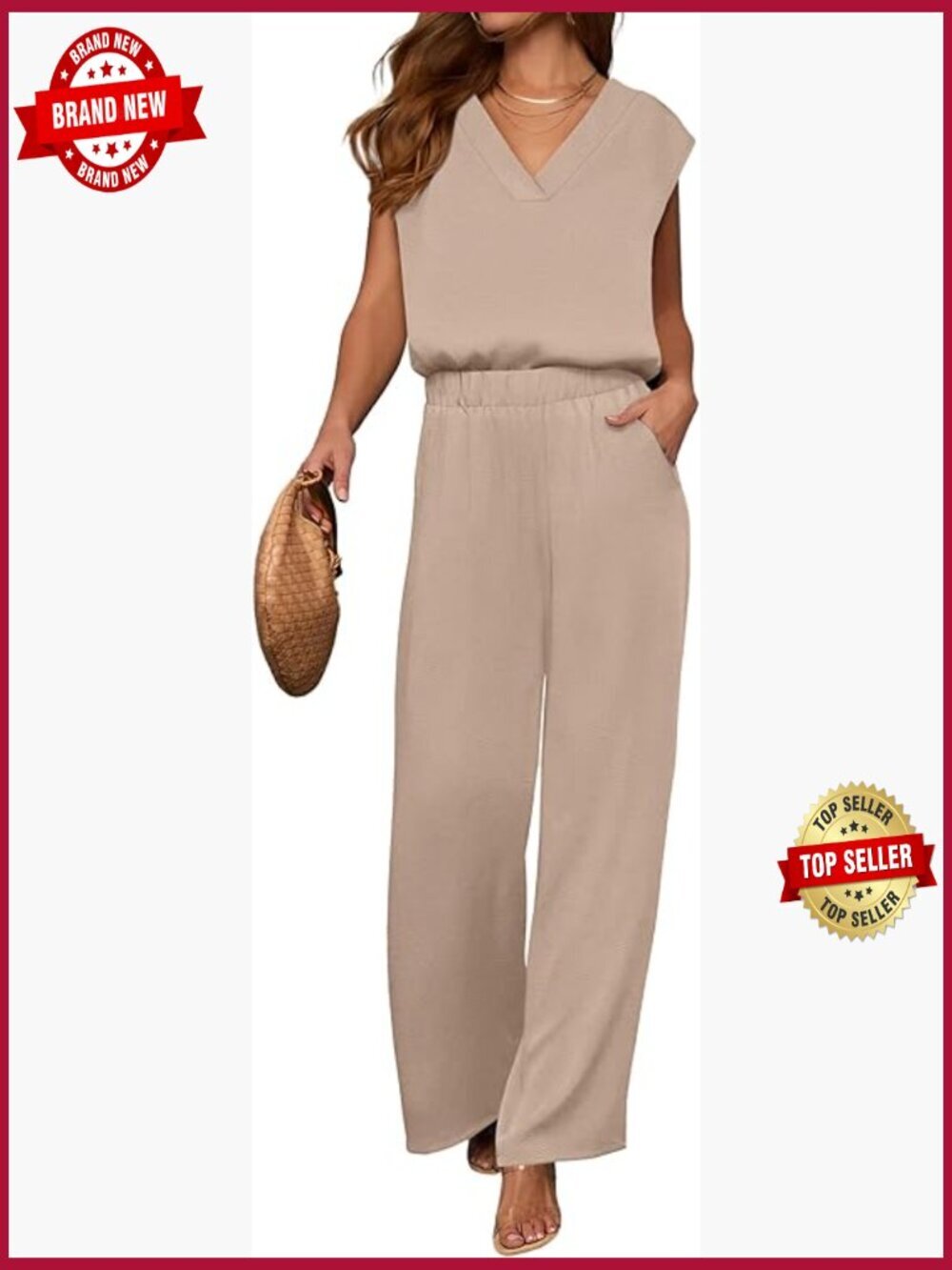Women's 2 Piece Lounge Set - V-Neck Top & Wide Leg Pants, Casual Travel Outfit